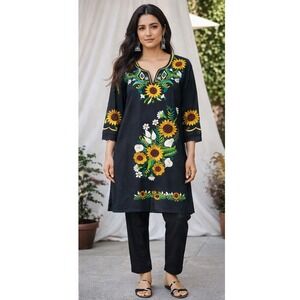 Sunflower Embroidered Tunic Boho Cottage Feminine XL Mini Dress Boho Hippie